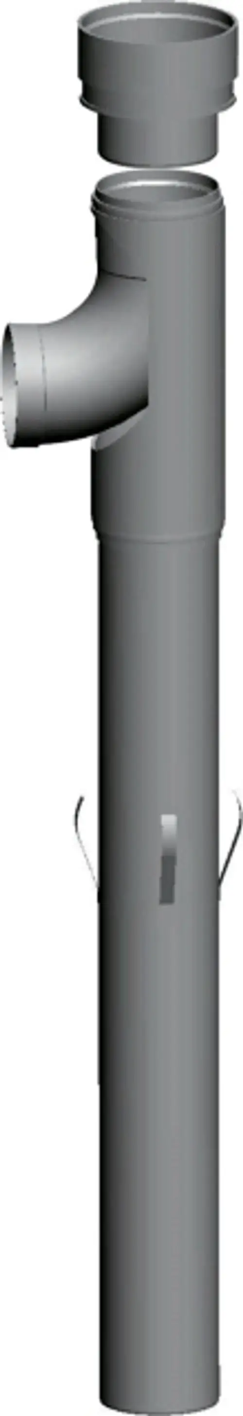 Graues PVC-Rohr mit horizontalem Abgang, geeignet zur Rohrinstallation. Teile für die Verbindung sind sichtbar. Das Produkt gehört zur Marke Wolf.